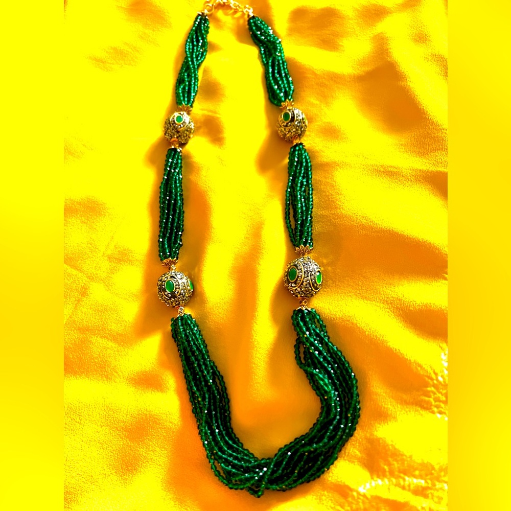 Brand New!Stunning Royal Green Beaded Neckpiece with Metallic Vintage Beads